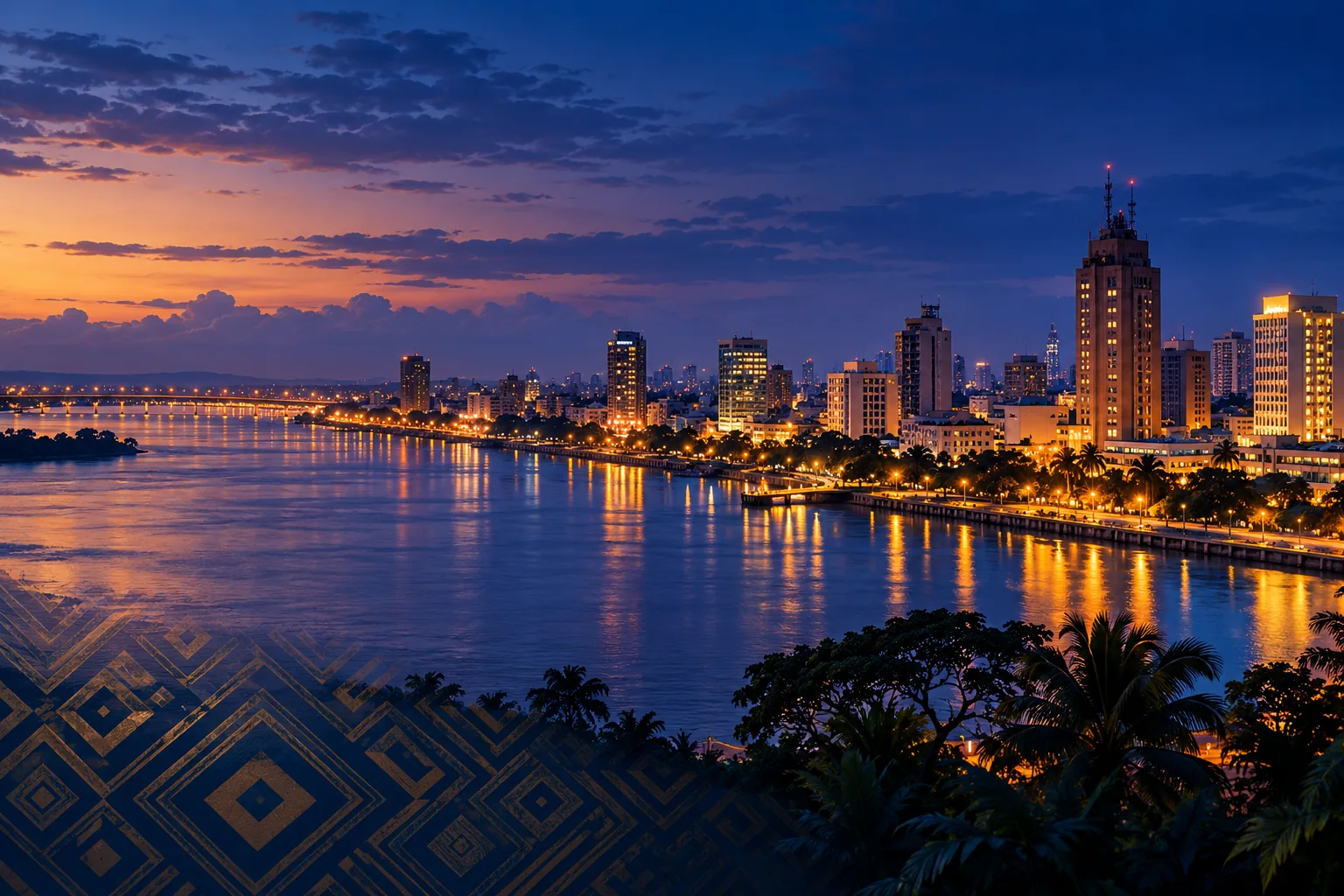 Illustration éditoriale de Kinshasa au crépuscule au bord du fleuve